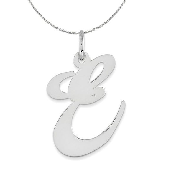 Silver, Ella Collection, LG Fancy Script Initial E Necklace - 20 In - Picture 1 of 7